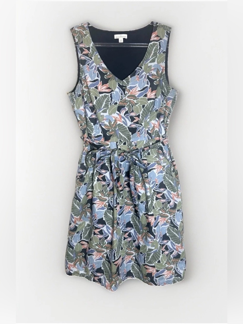 LL Bean Signature Dress Floral Tropical 100% Cotton Belted Botanical Garden 10